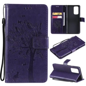 For OnePlus 9 Pro Tree & Cat Pattern Pressed Printing Horizontal Flip PU Leather Case with Holder & Card Slots & Wallet & Lanyard(Purple) (OEM)