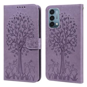 For OnePlus Nord N200 5G Tree & Deer Pattern Pressed Printing Horizontal Flip Leather Phone Case(Purple) (OEM)