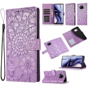 For Xiaomi Mi 10T Lite 5G Skin Feel Embossed Sunflower Horizontal Flip Leather Case with Holder & Card Slots & Wallet & Lanyard(Purple) (OEM)