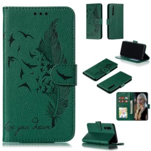 Feather Pattern Litchi Texture Horizontal Flip Leather Case with Wallet & Holder & Card Slots For Huawei P30(Green) (OEM)
