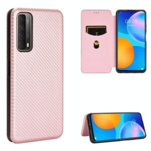 For Huawei P Smart 2021 / Y7A Carbon Fiber Texture Horizontal Flip TPU + PC + PU Leather Case with Card Slot(Pink) (OEM)
