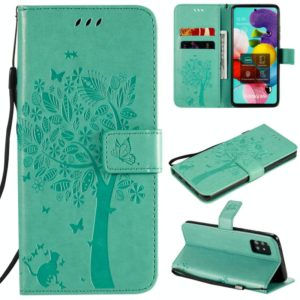 For Samsung Galaxy A51 5G Tree & Cat Embossed Pattern Horizontal Flip Leather Case with Holder & Card Slots & Wallet & Lanyard(Green) (OEM)