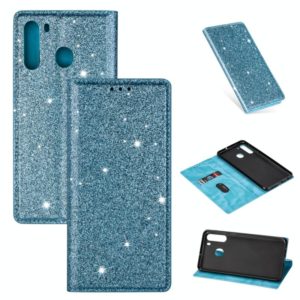 For Samsung Galaxy A21 Ultrathin Glitter Magnetic Horizontal Flip Leather Case with Holder & Card Slots(Sky Blue) (OEM)