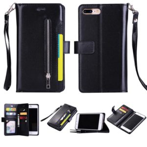 For iPhone 8 Plus & 7 Plus Multifunctional Zipper Horizontal Flip Leather Case with Holder & Wallet & 9 Card Slots & Lanyard(Black) (OEM)