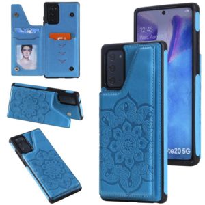 For Samsung Galaxy Note20 Flower Embossing Pattern Shockproof Protective Case with Holder & Card Slots & Photo Frame(Blue) (OEM)