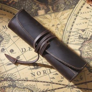 Retro First Layer Cowhide Pen Curtain Simple Literary Pencil Case Multifunctional Volume Pencil Case(Crazy Horse Skin Coffee) (OEM)