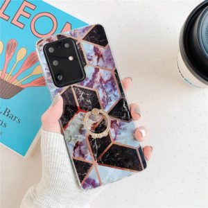 For Galaxy S20 Ultra Plating Colorful Geometric Pattern Mosaic Marble TPU Mobile Phone Case Rhinestone Stand Ring(Black PR6) (OEM)