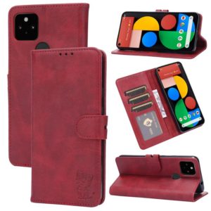 For Google Pixel 5 XL Embossed Happy Cat Pattern Horizontal Flip Leather Case with Holder & Card Slots & Wallet(Red) (OEM)