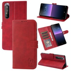 For Sony Xperia 5 III Embossed Happy Cat Pattern Horizontal Flip Leather Case with Holder & Card Slots & Wallet(Red) (OEM)