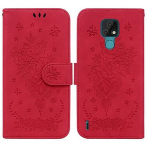 For Motorola Moto E7 Butterfly Rose Embossed Leather Phone Case(Red) (OEM)