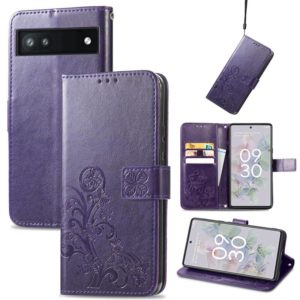 For Google Pixel 6a Four-leaf Clasp Embossed Buckle Leather Phone Case(Purple) (OEM)