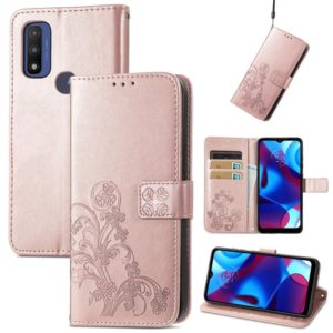 For Motorola Moto G Pure Four-leaf Clasp Embossed Leather Case with Lanyard & Card Slot & Wallet & Holder(Rose Gold) (OEM)