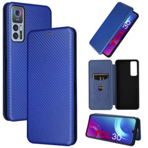 For TCL 30 5G / 30+ Carbon Fiber Texture Horizontal Flip Leather Phone Case(Blue) (OEM)