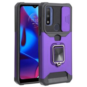 For Motorola Moto G Pure Sliding Camera Cover Design PC + TPU Shockproof Phone Case with Ring Holder & Card Slot(Purple) (OEM)