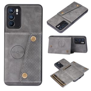 For OPPO Reno6 Double Buckle PU + TPU Shockproof Magnetic Protective Case with Card Slot & Holder(Grey) (OEM)
