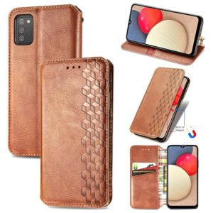 For Samsung Galaxy A02s(US Edition) Cubic Grid Pressed Horizontal Flip Magnetic PU Leather Case with Holder & Card Slots & Wallet(Brown) (OEM)