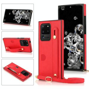 For Samsung Galaxy S20 Ultra Wrist Strap PU+TPU Shockproof Protective Case with Crossbody Lanyard & Holder & Card Slot(Red) (OEM)