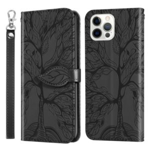 For iPhone 12 / 12 Pro Life of Tree Embossing Pattern Horizontal Flip Leather Case with Holder & Card Slot & Wallet & Photo Frame & Lanyard(Black) (OEM)