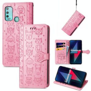 For Wiko Power U30 Cat and Dog Embossed Horizontal Flip Phone Leather Case with Holder & Card Slot & Wallet & Lanyard(Pink) (OEM)