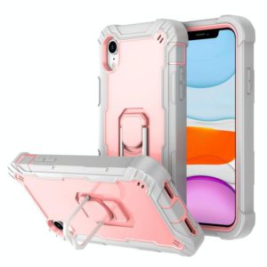 For iPhone XR PC + Rubber 3-layers Shockproof Protective Case with Rotating Holder(Grey White + Rose Gold) (OEM)