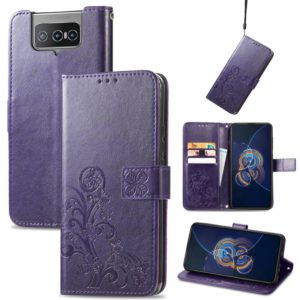 For Asus Zenfone 8 Flip Four-leaf Clasp Embossed Buckle Mobile Phone Protection Leather Case with Lanyard & Card Slot & Wallet & Bracket Function(Purple) (OEM)