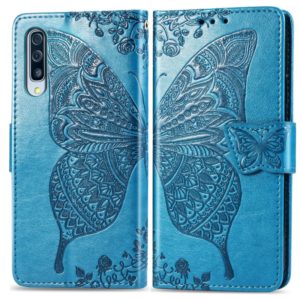 Butterfly Love Flowers Embossing Horizontal Flip Leather Case for Galaxy A50, with Holder & Card Slots & Wallet & Lanyard (Blue) (OEM)
