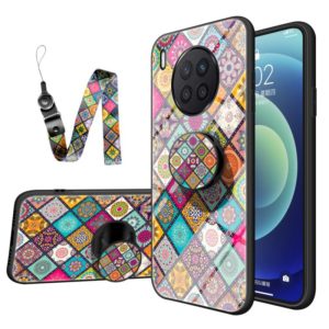 For Huawei Nova 8i Painted Ethnic Pattern Tempered Glass TPU Shockproof Case with Folding Magnetic Holder & Neck Strap(Checkered) (OEM)