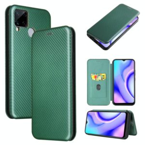 For OPPO Realme C15 Carbon Fiber Texture Horizontal Flip TPU + PC + PU Leather Case with Card Slot(Green) (OEM)