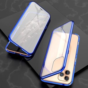 For iPhone 11 Pro Max Ultra Slim Double Sides Magnetic Adsorption Angular Frame Tempered Glass Magnet Flip Case(Blue) (OEM)