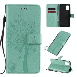 For Samsung Galaxy A31 Tree & Cat Embossed Pattern Horizontal Flip Leather Case with Holder & Card Slots & Wallet & Lanyard(Green) (OEM)