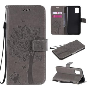 For Samsung Galaxy A71 5G Tree & Cat Embossed Pattern Horizontal Flip Leather Case with Holder & Card Slots & Wallet & Lanyard(Grey) (OEM)