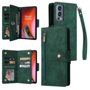 For OnePlus Nord 2 Rivet Buckle 9 Cards Three Fold Leather Phone Case(Green) (OEM)
