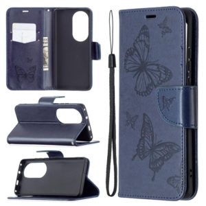 For Huawei P50 Pro Two Butterflies Embossing Pattern Horizontal Flip Leather Case with Holder & Card Slot & Wallet & Lanyard(Dark Blue) (OEM)