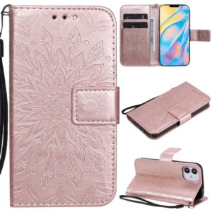 For iPhone 12 mini Pressed Printing Sunflower Pattern Horizontal Flip PU Leather Case Holder & Card Slots & Wallet & Lanyard(Rose Gold) (OEM)