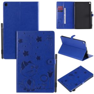 For Amazon Kindle Fire HD 10 (2015) / (2017) Cat Bee Embossing Pattern Shockproof Table PC Protective Horizontal Flip Leather Case with Card Slots & Wallet & Pen Slot & Sleep / Wake-up Function(Blue) (OEM)