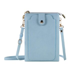 Litchi Texture Card Holder Mobile Phone Zipper Bag with Long Strap(Light Blue) (OEM)