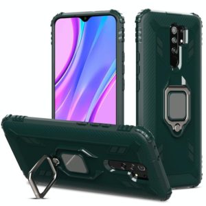For Xiaomi Redmi 9 Carbon Fiber Protective Case with 360 Degree Rotating Ring Holder(Green) (OEM)