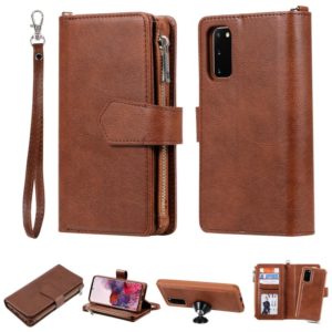For Galaxy S20 2 in 1 Solid Color Zipper Shockproof Protective Case with Card Slots & Bracket & Photo Holder & Wallet Function(Brown) (OEM)