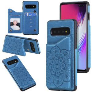 For Samsung Galaxy S10 5G Flower Embossing Pattern Shockproof Protective Case with Holder & Card Slots & Photo Frame(Blue) (OEM)
