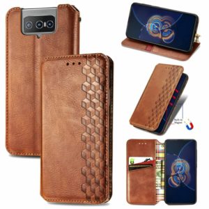 For Asus Zenfone 8 Flip Cubic Grid Pressed Horizontal Flip Magnetic PU Leather Case with Holder & Card Slots & Wallet(Brown) (OEM)
