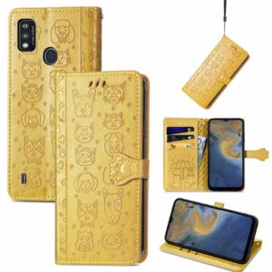 For ZTE A51 Lovely Cat and Dog Embossing Pattern Horizontal Flip Leather Case , with Holder & Card Slots & Wallet & Cartoon Clasp & Lanyard(Yellow) (OEM)