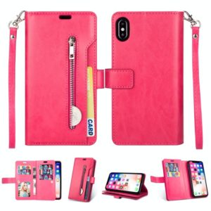 For iPhone XR Multifunctional Zipper Horizontal Flip Leather Case with Holder & Wallet & 9 Card Slots & Lanyard(Rose Red) (OEM)