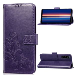 For Sony Xperia 5 Four-leaf Clasp Embossed Buckle Mobile Phone Protection Leather Case with Lanyard & Card Slot & Wallet & Bracket Function(Purple) (OEM)