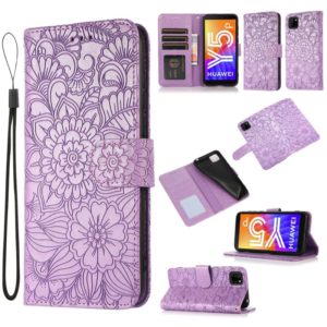 For Huawei Y5p Skin Feel Embossed Sunflower Horizontal Flip Leather Case with Holder & Card Slots & Wallet & Lanyard(Purple) (OEM)