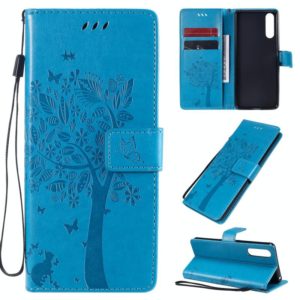 For Sony Xperia 10 II Tree & Cat Embossed Pattern Horizontal Flip Leather Case with Holder & Card Slots & Wallet & Lanyard(Blue) (OEM)