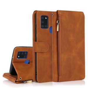 For Samsung Galaxy A21s Skin-feel Crazy Horse Texture Zipper Wallet Bag Horizontal Flip Leather Case with Holder & Card Slots & Wallet & Lanyard(Brown) (OEM)