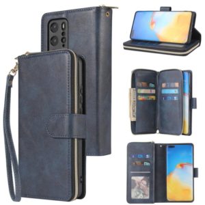 For Huawei P40 Pro Zipper Wallet Bag Horizontal Flip PU Leather Case with Holder & 9 Card Slots & Wallet & Lanyard & Photo Frame(Blue) (OEM)