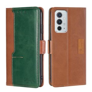 For OnePlus 9RT 5G Retro Texture Contrast Color Side Buckle Horizontal Flip Leather Phone Case with Holder & Card Slots & Wallet(Light Brown+Green) (OEM)