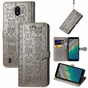 For Nokia C01 Plus Lovely Cat and Dog Embossing Pattern Horizontal Flip Leather Case , with Holder & Card Slots & Wallet & Cartoon Clasp & Lanyard(Grey) (OEM)