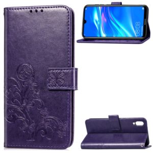 Lucky Clover Pressed Flowers Pattern Leather Case for Huawei Enjoy 9, with Holder & Card Slots & Wallet & Hand Strap (Purple) (OEM)